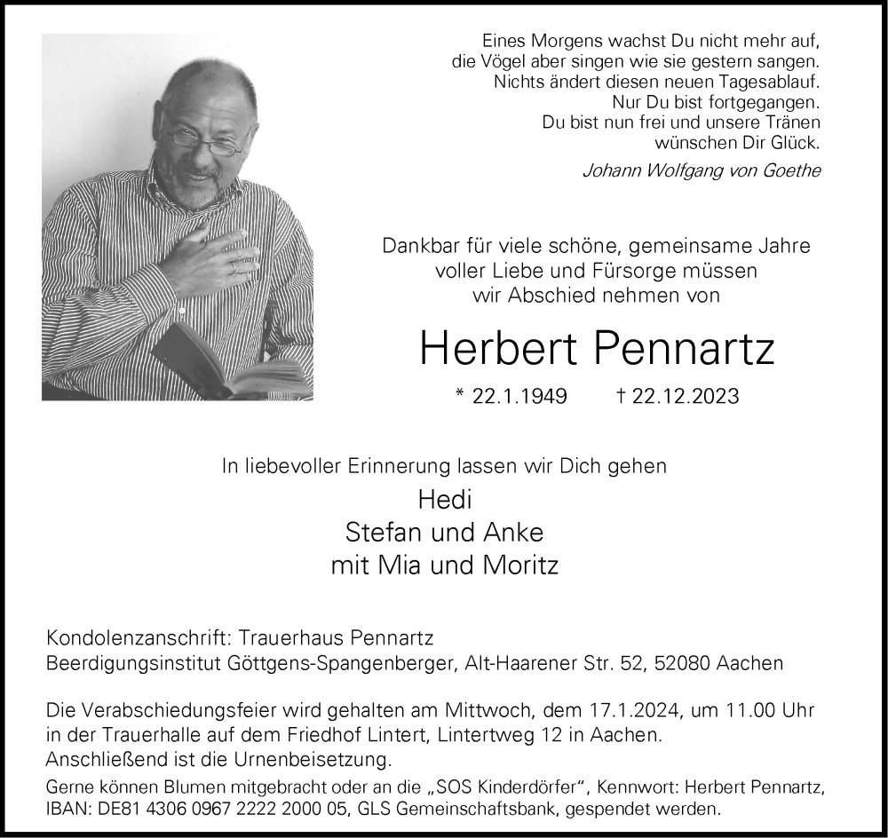  Traueranzeige für Herbert Pennartz vom 06.01.2024 aus Aachener Zeitung