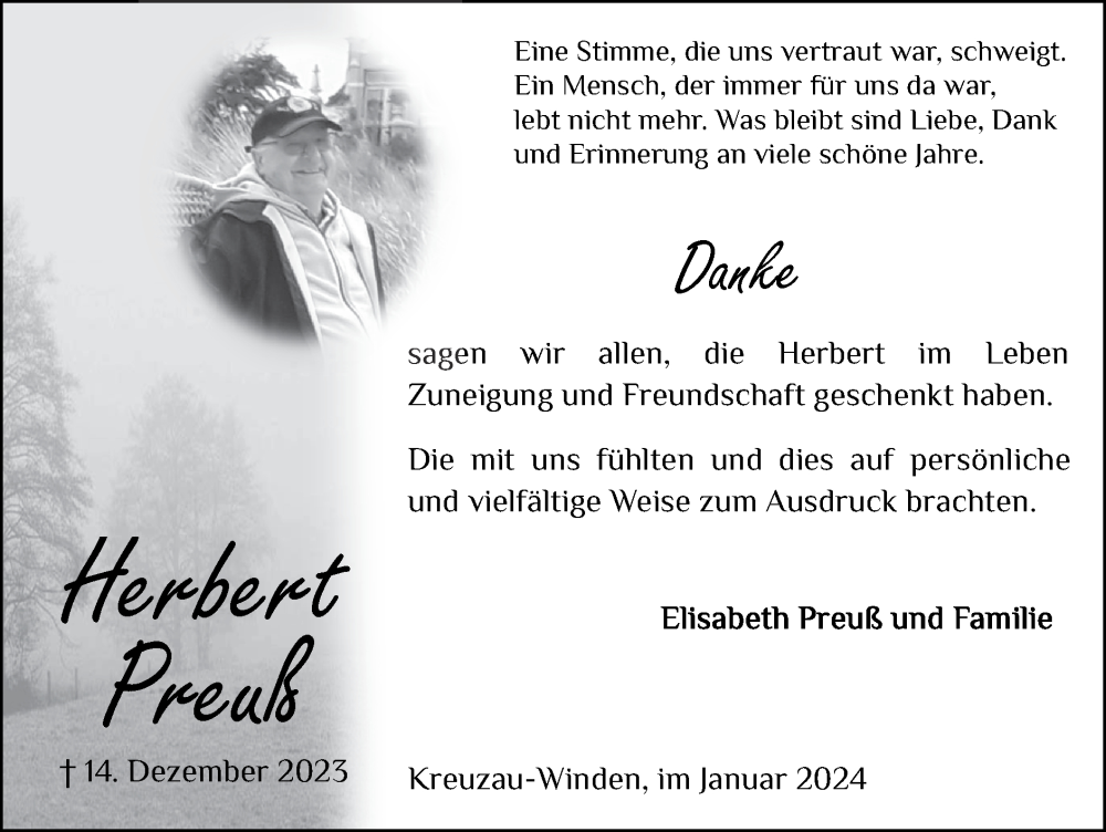  Traueranzeige für Herbert Preuß vom 28.01.2024 aus Zeitung am Sonntag