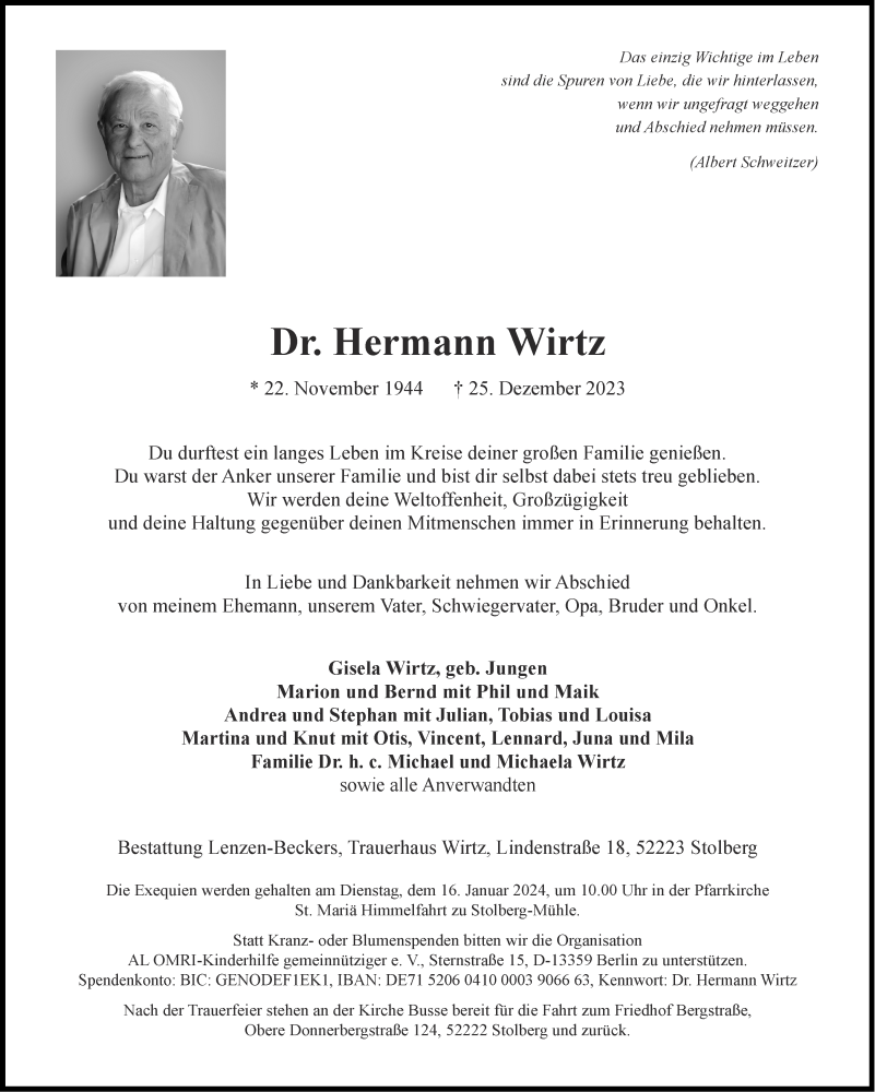  Traueranzeige für Hermann Wirtz vom 06.01.2024 aus Aachener Zeitung