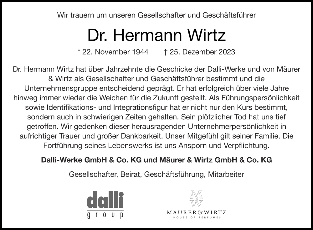  Traueranzeige für Hermann Wirtz vom 13.01.2024 aus Aachener Zeitung