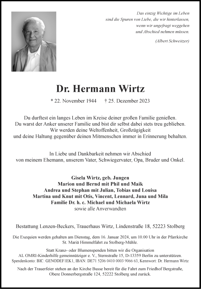  Traueranzeige für Hermann Wirtz vom 07.01.2024 aus Zeitung am Sonntag