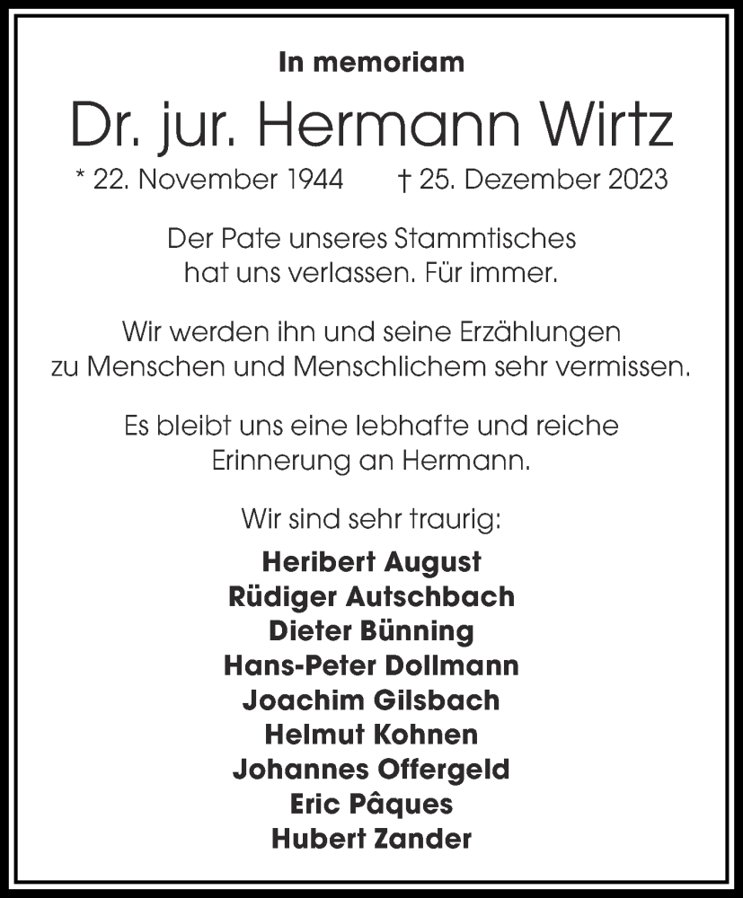  Traueranzeige für Hermann Wirtz vom 06.01.2024 aus Aachener Zeitung