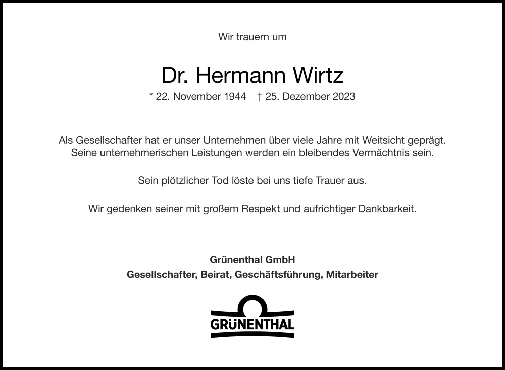  Traueranzeige für Hermann Wirtz vom 13.01.2024 aus Aachener Zeitung