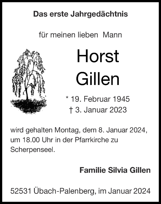 Traueranzeige von Horst Gillen von Zeitung am Sonntag