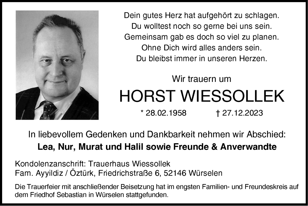  Traueranzeige für Horst Wiessollek vom 07.01.2024 aus Zeitung am Sonntag
