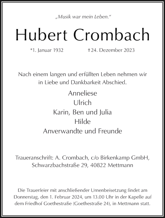 Traueranzeige von Hubert Crombach von Aachener Zeitung