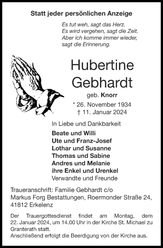 Traueranzeige von Hubertine Gebhardt von Zeitung am Sonntag