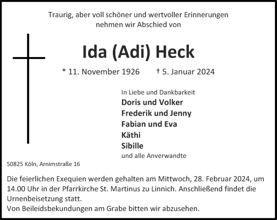 Traueranzeige von Ida Heck von Zeitung am Sonntag