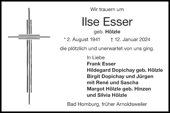 Traueranzeige von Ilse Esser von Zeitung am Sonntag