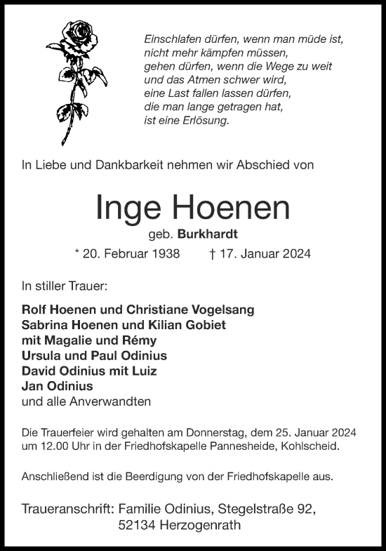 Traueranzeige von Inge Hoenen von Aachener Zeitung