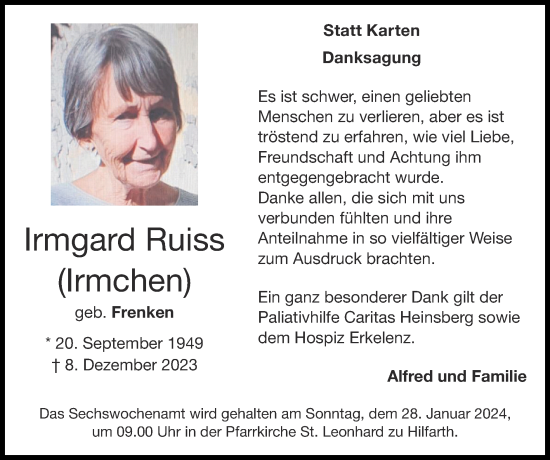 Traueranzeige von Irmgard Ruiss von Zeitung am Sonntag
