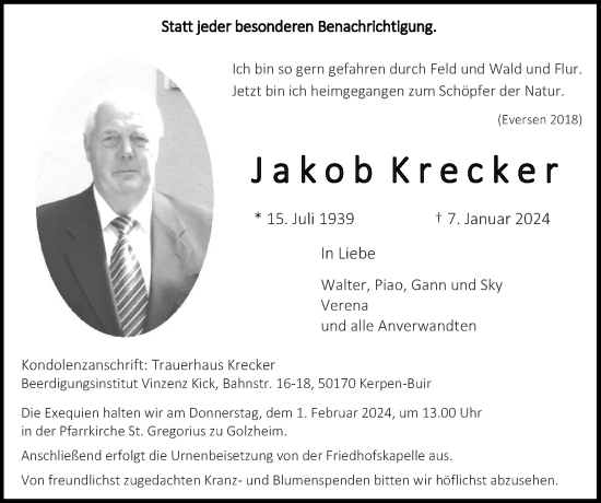 Traueranzeige von Jakob Krecker von Zeitung am Sonntag