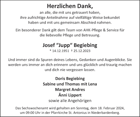 Traueranzeige von Josef Begiebing von Zeitung am Sonntag