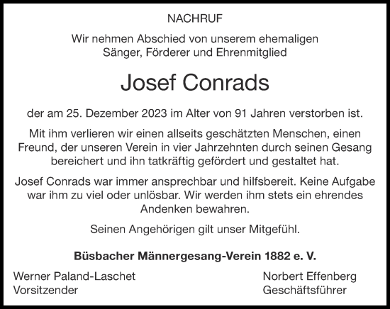 Traueranzeige von Josef Conrads von Zeitung am Sonntag
