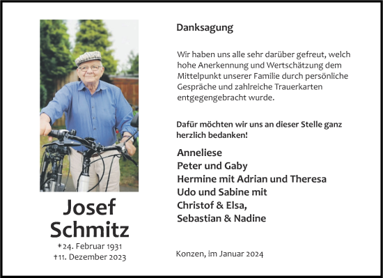 Traueranzeige von Josef Schmitz von Aachener Zeitung