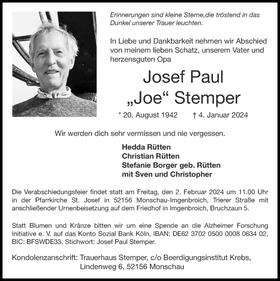 Traueranzeige von Josef Stemper von Zeitung am Sonntag