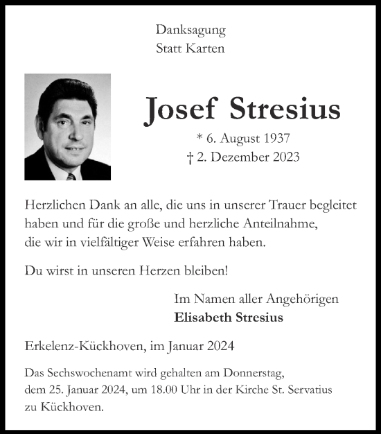Traueranzeige von Josef Stresius von Zeitung am Sonntag