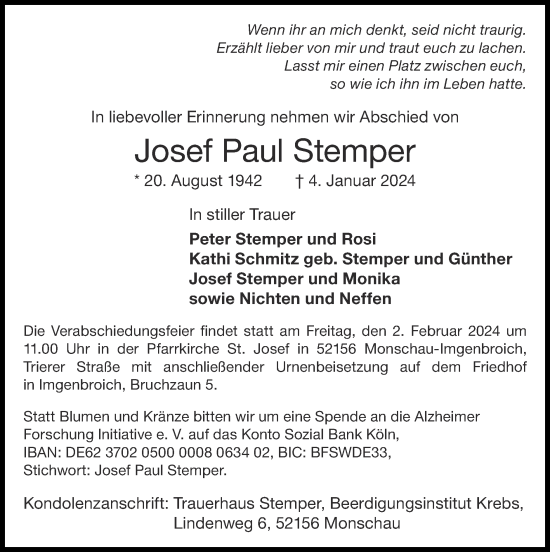 Traueranzeige von Josef Paul Stemper von Zeitung am Sonntag