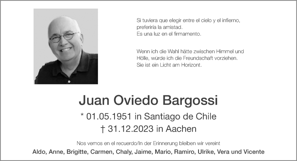  Traueranzeige für Juan Oviedo Bargossi vom 06.01.2024 aus Aachener Zeitung