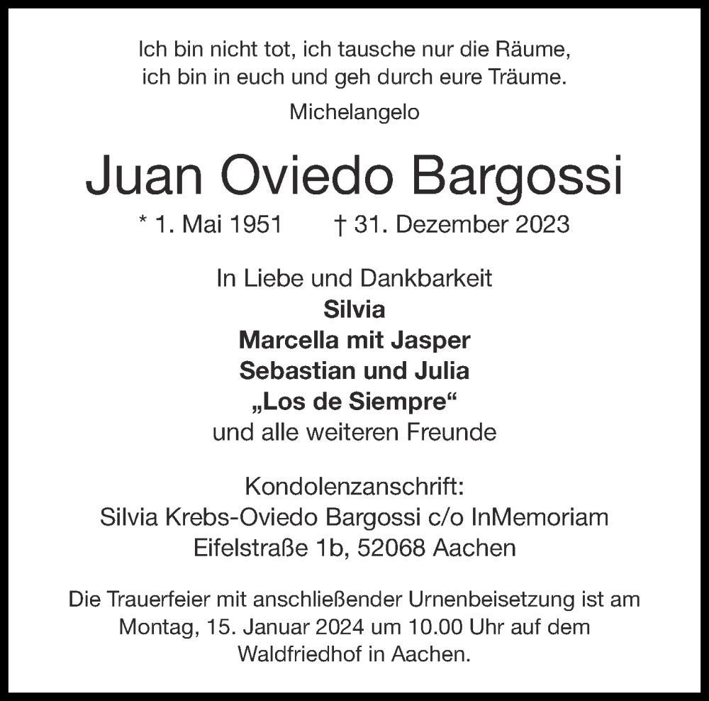 Traueranzeige für Juan Oviedo Bargossi vom 06.01.2024 aus Aachener Zeitung