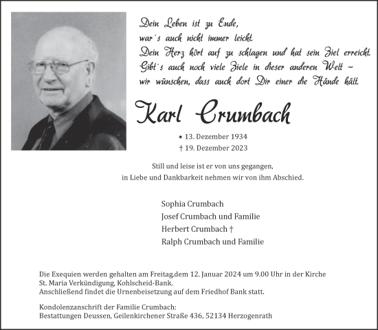 Traueranzeige von Karl Crumbach von Zeitung am Sonntag