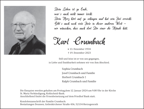 Traueranzeige von Karl Crumbach von Aachener Zeitung