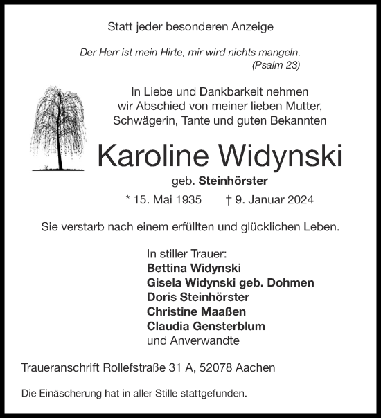 Traueranzeige von Karoline Widynski von Aachener Zeitung