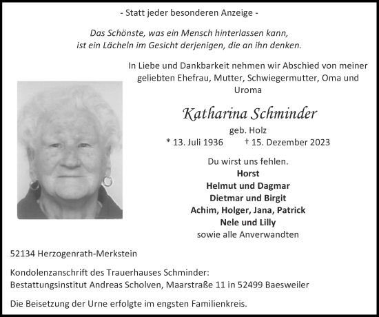 Traueranzeige von Katharina Schminder von Zeitung am Sonntag