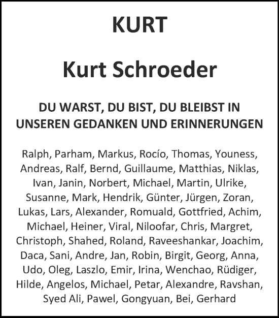 Traueranzeige von Kurt Schroeder von Zeitung am Sonntag