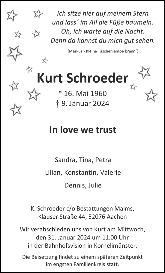 Traueranzeige von Kurt Schroeder von Zeitung am Sonntag