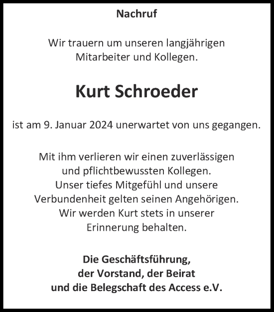 Traueranzeige von Kurt Schroeder von Zeitung am Sonntag