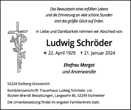 Traueranzeige von Ludwig Schröder von Zeitung am Sonntag