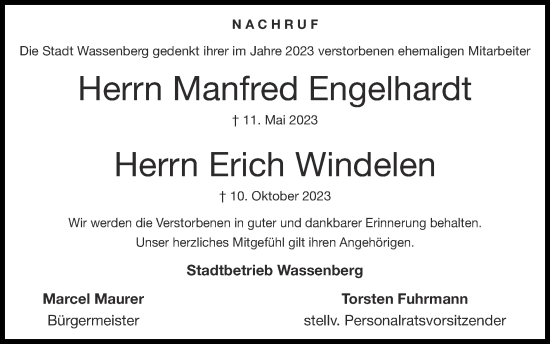 Traueranzeige von Manfred Engelhardt von Zeitung am Sonntag