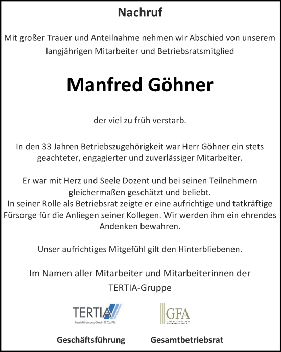 Traueranzeige von Manfred Göhner von Zeitung am Sonntag