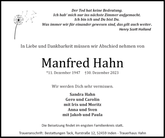 Traueranzeige von Manfred Hahn von Zeitung am Sonntag