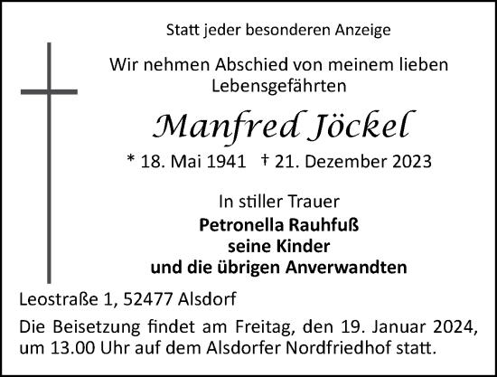 Traueranzeige von Manfred Jöckel von Zeitung am Sonntag