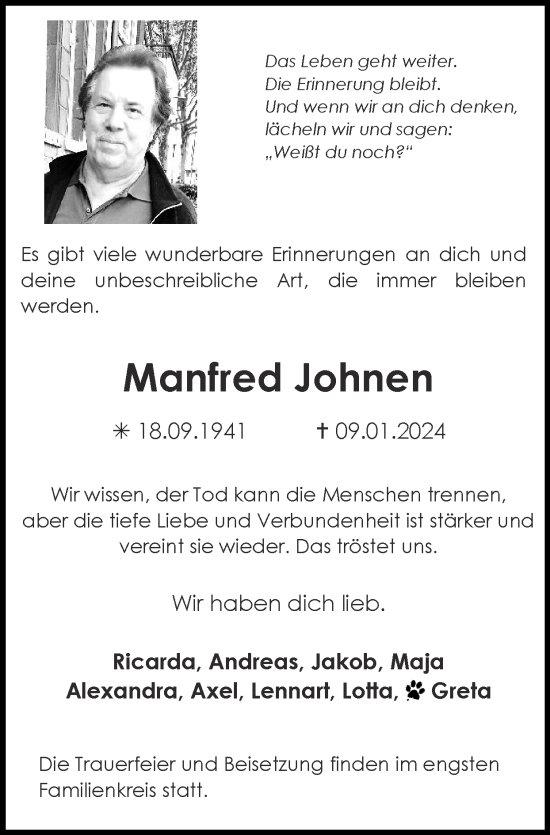 Traueranzeige von Manfred Johnen von Zeitung am Sonntag