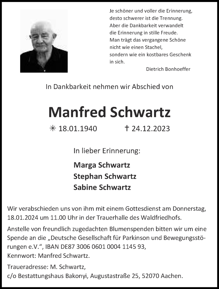  Traueranzeige für Manfred Schwartz vom 06.01.2024 aus Aachener Zeitung