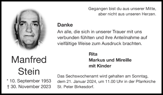 Traueranzeige von Manfred Stein von Zeitung am Sonntag