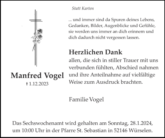 Traueranzeige von Manfred Vogel von Zeitung am Sonntag