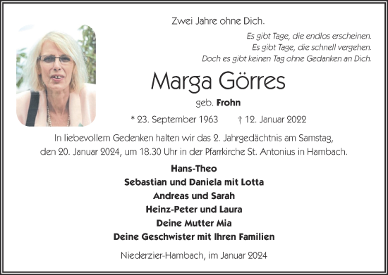 Traueranzeige von Marga Görres von Zeitung am Sonntag