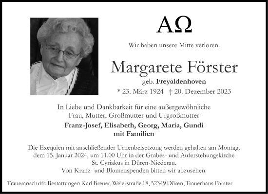 Traueranzeige von Margarete Förster von Aachener Zeitung