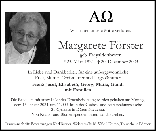 Traueranzeige von Margarete Förster von Zeitung am Sonntag