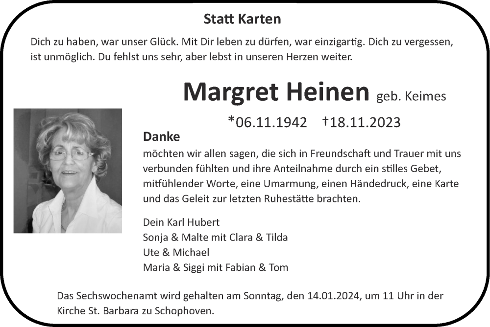  Traueranzeige für Margret Heinen vom 07.01.2024 aus Zeitung am Sonntag