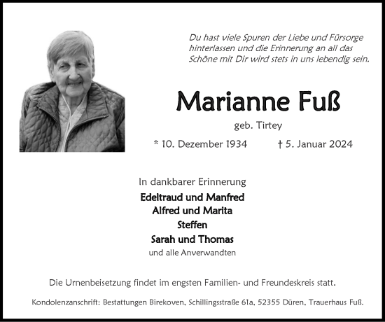 Traueranzeige von Marianne Fuß von Zeitung am Sonntag