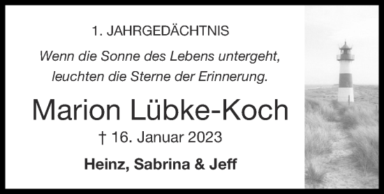 Traueranzeige von Marion Lübke-Koch von Zeitung am Sonntag