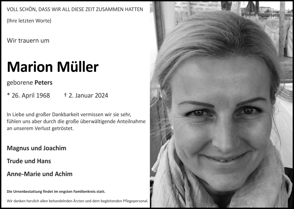  Traueranzeige für Marion Müller vom 14.01.2024 aus Zeitung am Sonntag