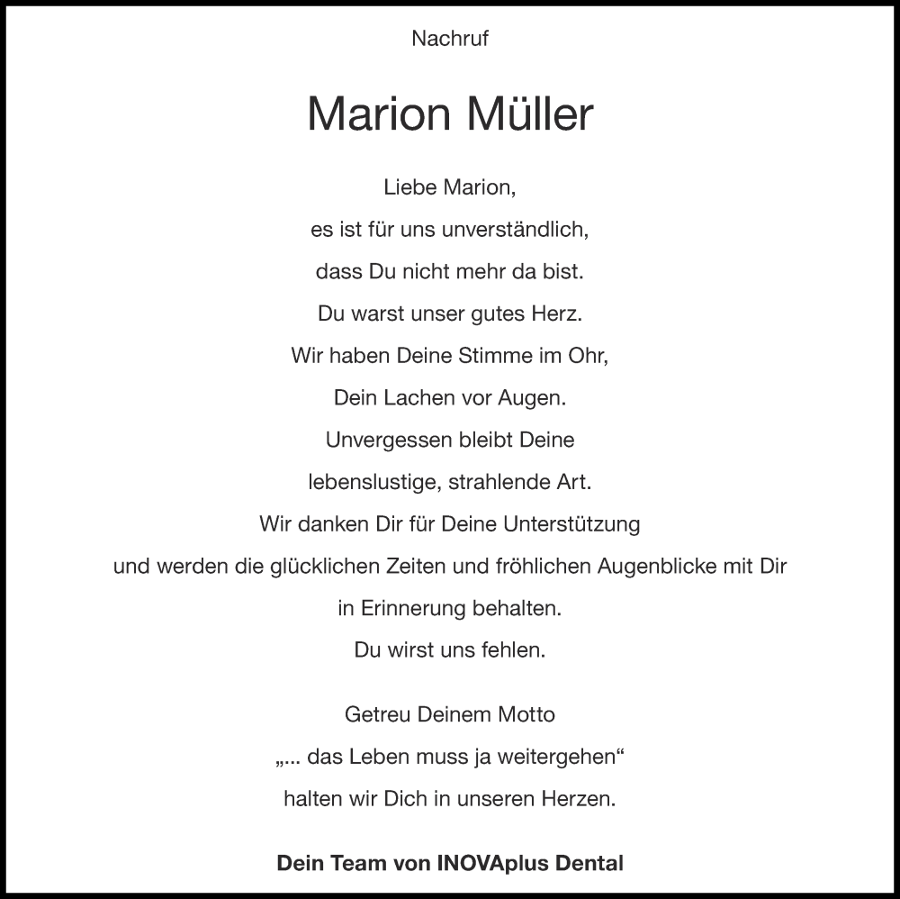  Traueranzeige für Marion Müller vom 14.01.2024 aus Zeitung am Sonntag