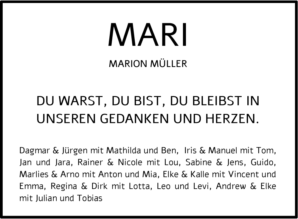  Traueranzeige für Marion Müller vom 14.01.2024 aus Zeitung am Sonntag