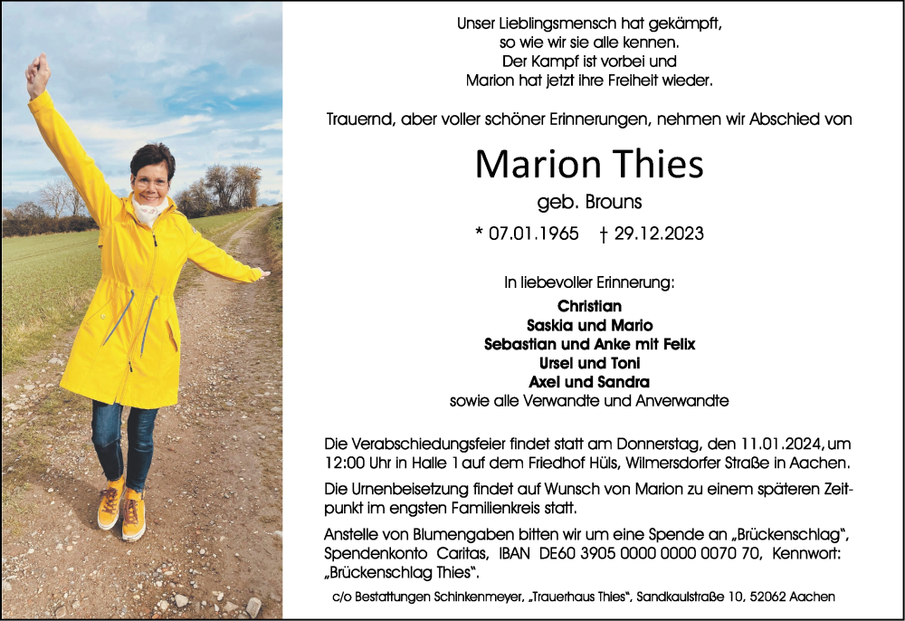  Traueranzeige für Marion Thies vom 07.01.2024 aus Zeitung am Sonntag